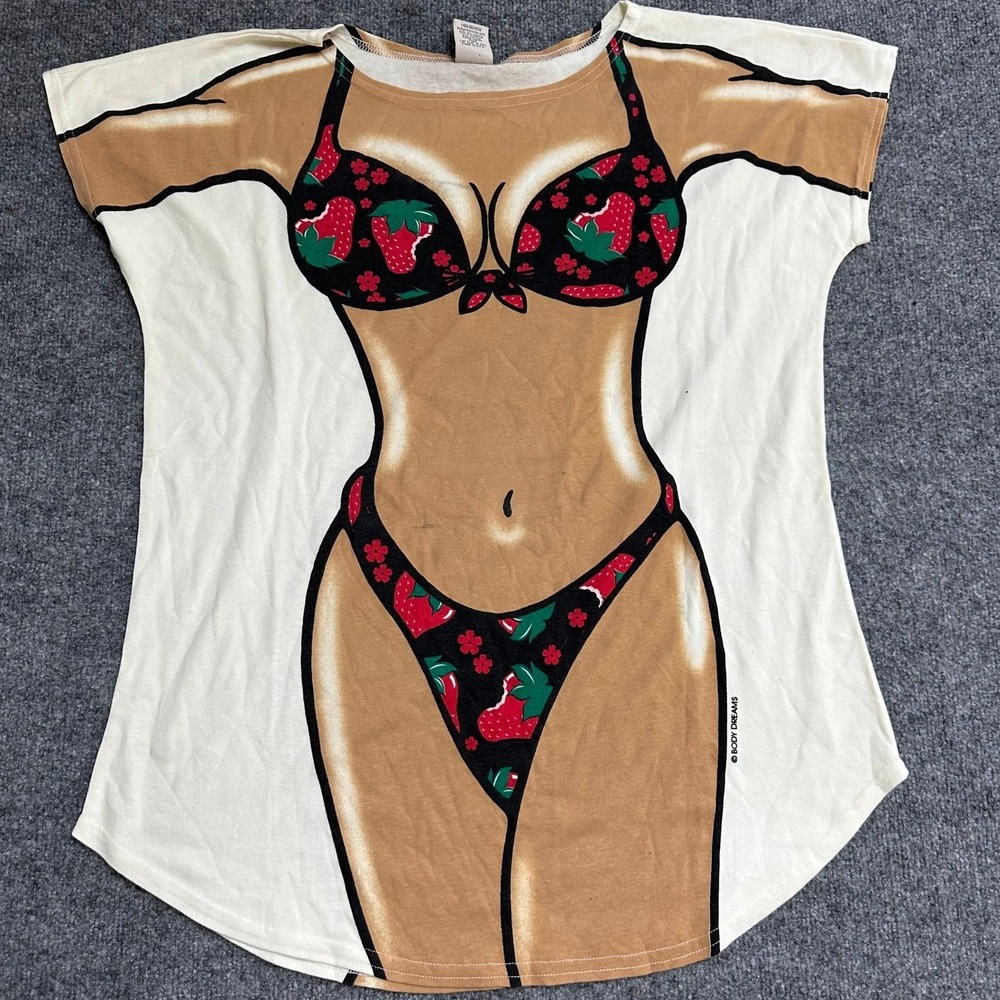 Body Dreams T-Shirt Womens Size OS White Strawberry Bikini Novelty Beach USA